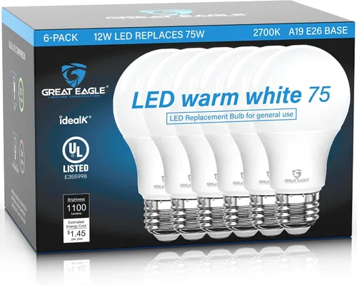 Vista 12 de Great Eagle - Bombillas LED A19 equivalentes a 75 W, certificación UL, color blanco cálido de 2700 K, bombillas LED de 75 W, no regulables, repuesto