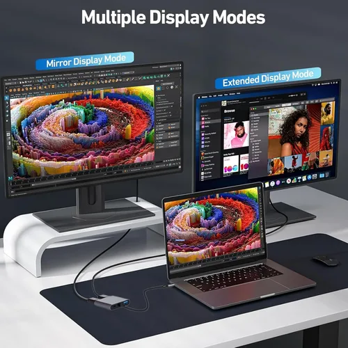 Vista 8 de Adaptador USB C a HDTV dual, adaptador multipuerto USB C de 4K a 60 Hz con 2 HDMI, USB 3.0, 100 W PD, macOS solo permite modo espejo, Windows