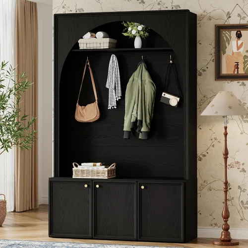 Vista 27 de JIVOIT Farmhouse Wood Hall Tree with Coat Hooks, Cabinets, 4 Drawers, Hooks (Ancient White/ 091)