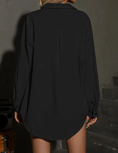 Vista 5 de HOTOUCH - Camisas con botones para mujer, con hombros caídos, estilo de gran tamaño, manga larga y bolsillo