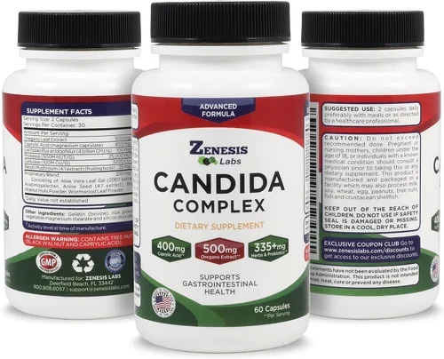 Vista 5 de Candida Complex Cleanse Detox Suplemento de ácido caprílico, extracto de orégano, probióticos, enzimas (60 cápsulas, suministro para 30 días)