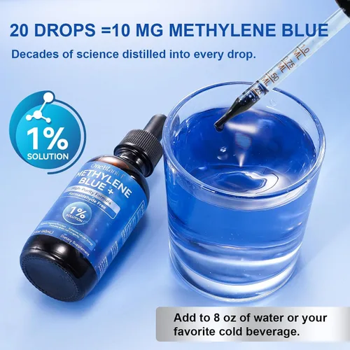 Vista 7 de Azul de metileno grado farmacéutico, gotas de azul de metileno para la salud cerebral y apoyo energético, sin formaldehído, sin alcohol, sin gluten