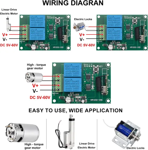 Vista 2 de QIACHIP DC 5V 6V 12V 24V 36V 48V 60V Motor Eléctrico Avance y Reversa Control Remoto Inalámbrico RF Módulo de Relé Interruptor, Receptor 433Mhz
