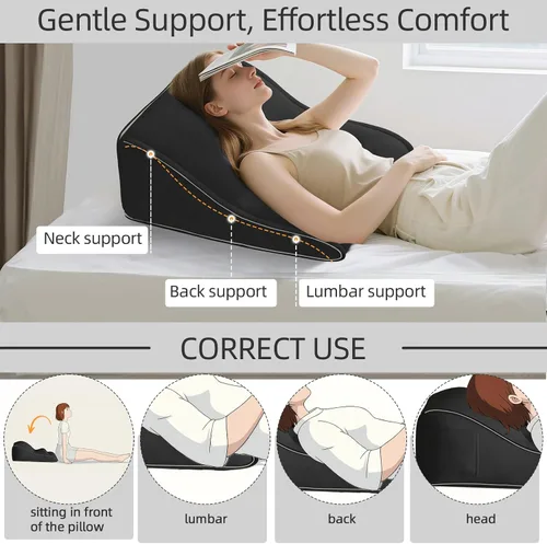 Vista 3 de Almohada de cuña de cama para cabecero, juego de cuña triangular para sentarse en la cama, reflujo ácido, poscirugía y ronquidos (terciopelo negro)