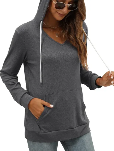 Vista 2 de Saloogoe Sudaderas con capucha con bolsillo tipo canguro para mujer, cuello en V, ligeras, manga larga