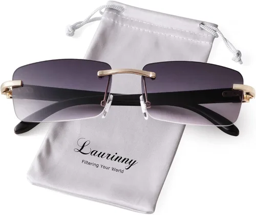 Vista 7 de Laurinny Lentes de sol rectangulares de metal dorado con lente tintada, patillas de madera de los años 90, gafas retro para mujeres y hombres