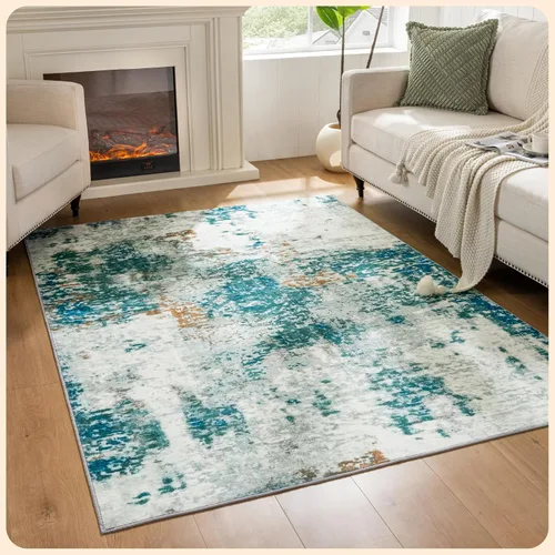 Vista 235 de Istana Alfombra larga antideslizante de 2.5 x 8 para el hogar, para pasillo y cocina, lavable, sedosa y suave al tacto, elegante, color azul y marfil