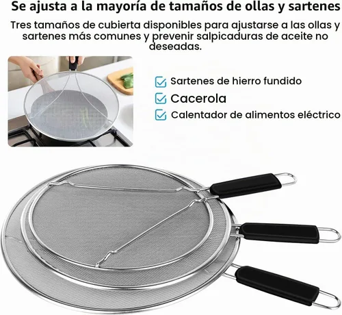 Vista 3 de Pantalla contra salpicaduras para cocinar, protector de salpicaduras de grasa de acero inoxidable para sartén, tapas de malla ultra fina, juego de 3