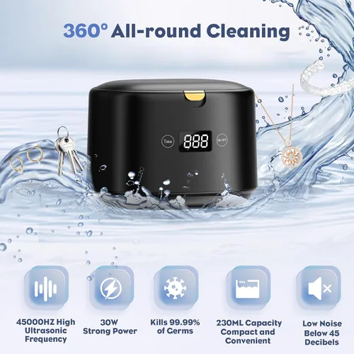 Vista 4 de Limpiador ultrasónico de 30 W, limpiador ultrasónico profesional de joyas, 45 kHz 7.8 fl oz, máquina de limpieza portátil para dentaduras