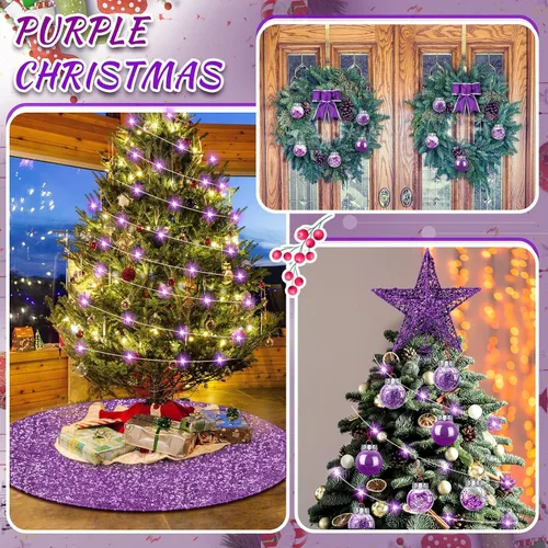 Vista 7 de Hiboom Juego de 48 piezas de decoraciones de árbol de Navidad morado, estrella de purpurina, topper de árbol con lentejuelas, falda de árbol