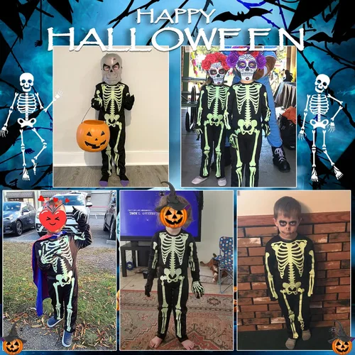 Vista 5 de Disfraz de esqueleto para niños, disfraz de Halloween que brilla en la oscuridad, huesos blancos, traje de cuerpo elástico para niños y niñas