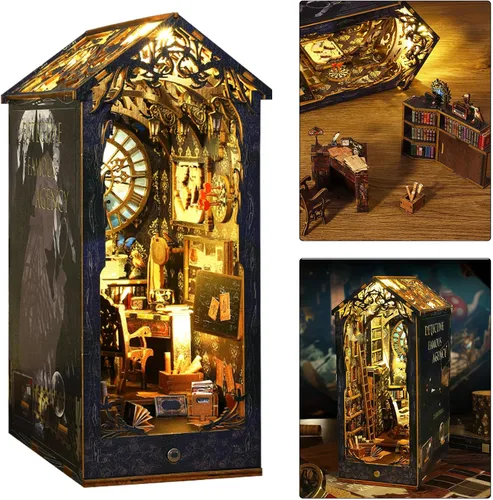 Vista 10 de ISSEVE Kit de Rincón de Libros, Rompecabezas de Madera 3D DIY Casa de Muñecas Booknook para Adultos, Kit de Casa en Miniatura Diminuta Decoración