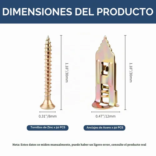 Vista 4 de SOPAMI Kit de 100 piezas de anclajes autoperforantes para paneles de yeso con tornillos, 50 piezas de anclajes para chapa (0.47X1.18 pulgadas) y 50