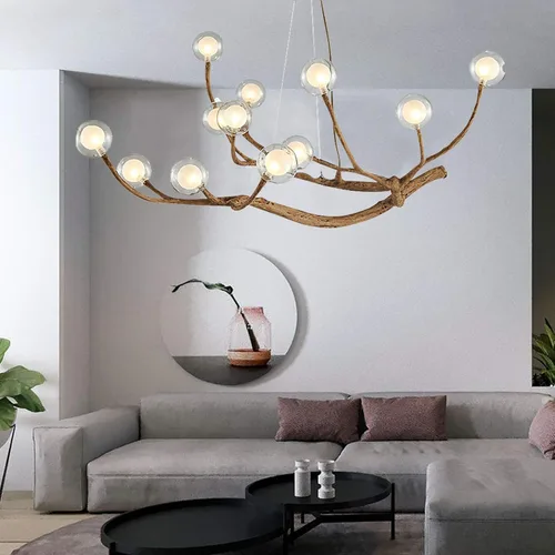 Vista 3 de Moderno candelabro Sputnik de burbujas de cristal, 12 luces, ramas de madera de mediados de siglo, lámparas de techo, lámpara de techo industrial