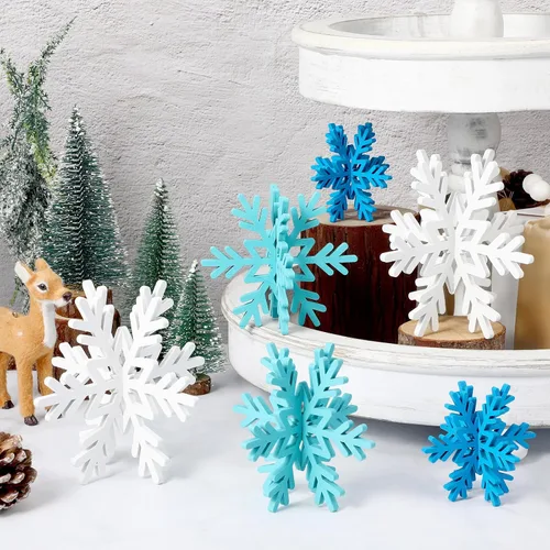 Vista 17 de Bucherry 12 piezas de decoración de mesa de copo de nieve de madera 3D con copos de nieve y centro de mesa para fiesta de congelados, Navidad