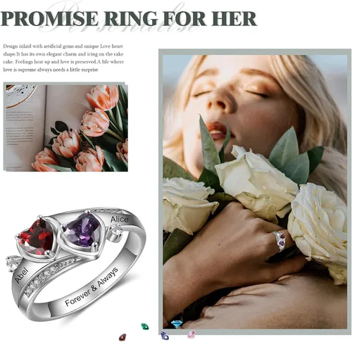 Vista 4 de Anillos de promesa de piedras natales de imitación personalizados para ella, nombres grabados, anillos de compromiso, regalos de dama de honor