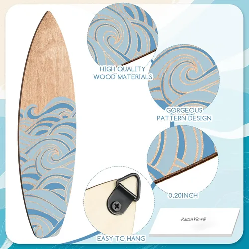 Vista 3 de RattanView Juego de 3 piezas de decoración de pared de tablas de surf de 11.8 x 3.4 pulgadas, tabla de surf de madera ondulada, playa, verano