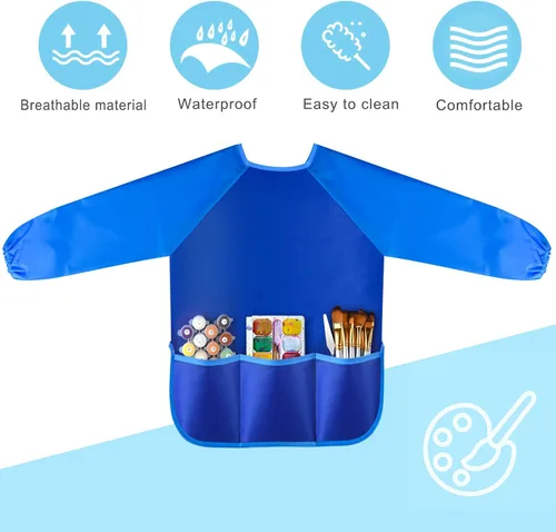 Vista 6 de KUUQA Delantales de arte para niños impermeables con 3 bolsillos espaciosos, suministros de pintura (pinturas y pinceles no incluidos)
