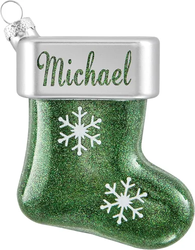 Vista 14 de Let's Make Memories Adorno de Navidad personalizado, cristal con forma de calcetín con purpurina, nombre grabado con láser, tono de joya, adorno