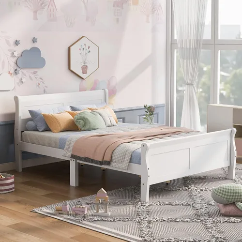 Vista 14 de Cama de plataforma de madera maciza tamaño Queen con cabecera y estribo de trineo, base de cama de plataforma Queen de madera con almacenamiento
