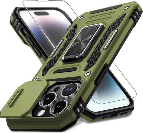 Vista 101 de DEERLAMN Funda para iPhone Xs Max con funda deslizante para cámara + protector de pantalla, soporte giratorio de anillo de grado militar a prueba