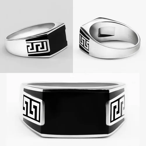 Vista 2 de AROTOROM 925 Sterling Silver Ring with Solid Rectangle Signet Black Enamel Ring, Turkish Classic Design Handmade Jewelry,Fashion Signet Ring