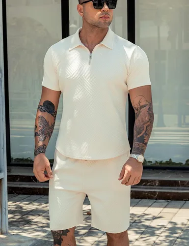 Vista 8 de URRU Conjunto de camisa polo y pantalones cortos para hombre, trajes de verano a la moda, casual, de manga corta, traje de polo para hombre