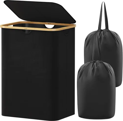 Vista 36 de Lifewit Cesta de lavandería de 80 litros con tapa, cestas de ropa para lavandería con asas de bambú y una bolsa de lavandería extraíble, cesta Beige