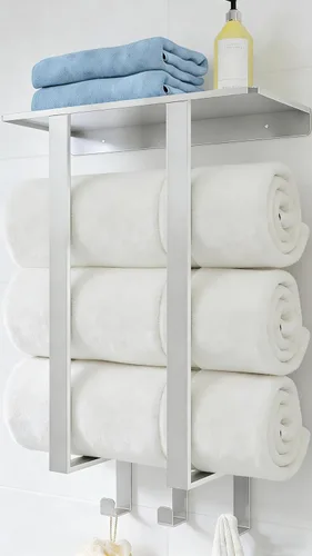 Vista 8 de Toalleros para baño, toallero con estante y 3 ganchos, soportes de almacenamiento de toallas de pared para toallas de baño enrolladas, color negro