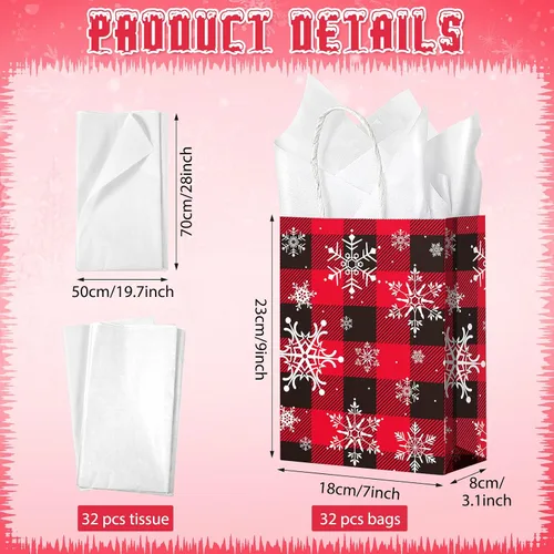 Vista 2 de Paquete de 32 bolsas de regalo de fiesta de copo de nieve de Navidad, bolsas de regalo a cuadros rojos y negros con tejido blanco, bolsa de papel