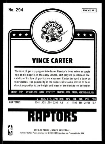 Vista 2 de 2023-24 NBA Hoops Tribute #294 Vince Carter Toronto Raptors - Tarjeta oficial de baloncesto Panini