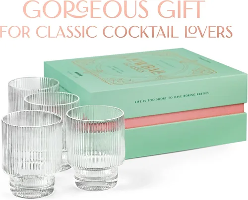 Vista 6 de GLASSIQUE CADEAU Vasos de cóctel vintage Art Deco acanalados, juego de 4, vasos dobles de cristal de 12 onzas para beber whisky clásico, ginebra