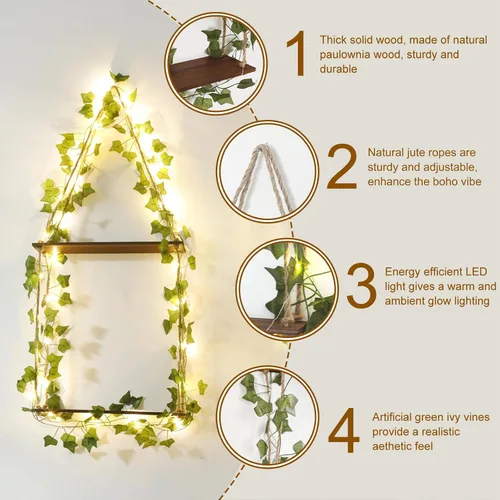 Vista 4 de Artilady Estante colgante de pared de macramé con luz de hiedra artificial para almacenamiento Estantes de madera ajustables de 2 niveles