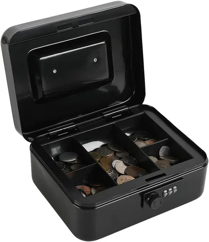 Vista 4 de xydled Caja fuerte de acero con cerradura de combinación, caja fuerte para dinero con bandeja extraíble para monedas, tamaño mediano, 7.87 x 6.30 x