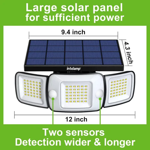 Vista 3 de intelamp Luces solares para exteriores, sensor de movimiento de 6000mAh con sensores duales, luces solares impermeables de inundación de 270°