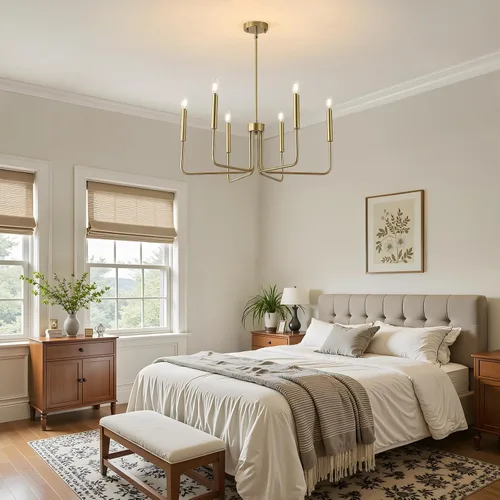 Vista 8 de Candelabro de oro cepillado para comedor, 6 luces de comedor, lámparas colgantes de estilo moderno industrial, dormitorios, vestíbulos, pasillos