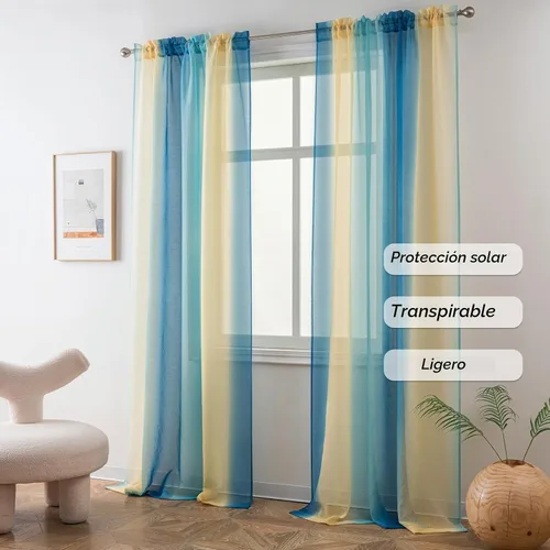 Vista 2 de Cortinas Yancorp traslúcidas de 2 paneles para dormitorio de 63 pulgadas de largo, cortinas de lino azulbeige ombre con bolsillo para barra