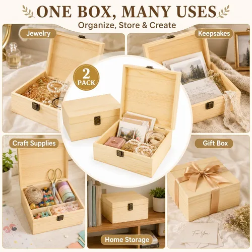 Vista 7 de Caja de madera de 2 piezas con tapa con bisagras, juego de caja de madera grande, baúl de manualidades sin terminar para pintura de bricolaje