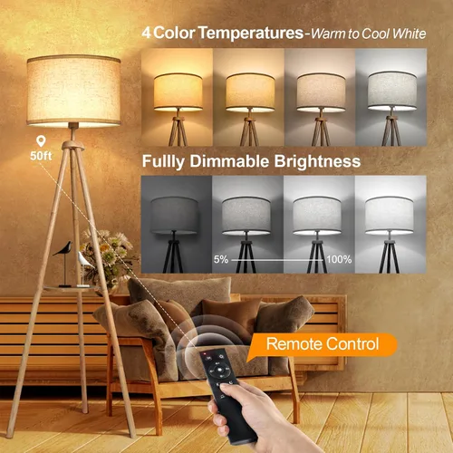 Vista 3 de OUTON - Lámpara de pie con trípode y estantes, lámpara de pie de madera de mediados de siglo regulable con control remoto, 4 temperaturas