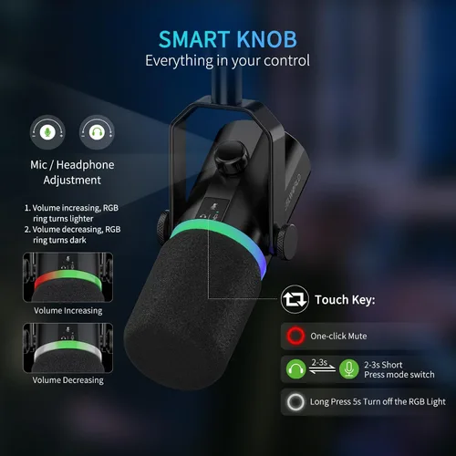 Vista 6 de FEELWORLD PM1 XLR - Micrófono dinámico USB para grabación de podcasts, PC, juegos de computadora, transmisión en vivo, voz en off, micrófono