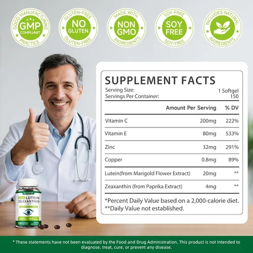 Vista 6 de Suplemento de luteína y zeaxantina, vitaminas oculares 150 cápsulas blandas, 20 mg de luteína y 4 mg de zeaxantina con vitaminas C, E, zinc, cobre
