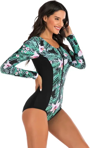 Vista 5 de LafyKoly Traje de baño de una pieza de manga larga para mujer, con protección UV, estampado de surf