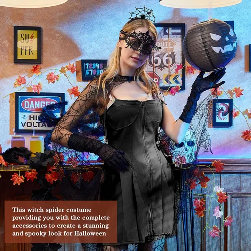 Vista 4 de Toulite Juego de 8 piezas de disfraz de telaraña de Halloween para mujer, incluye tela de araña negra, capa de encaje negro, guantes y medias