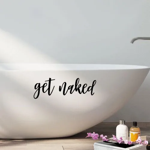 Vista 2 de Letrero de baño con texto en inglés «Get Naked», calcomanía de vinilo de 9 x 3