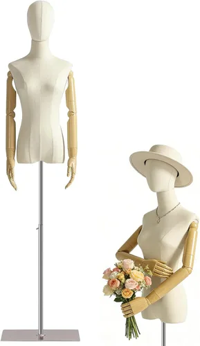 Vista 8 de Vestido de maniquí femenino con forma de torso, cuerpo de maniquí de exhibición con cabeza desmontable, manos de madera y soporte dorado de altura