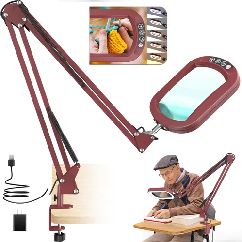 Vista 13 de Lupa rectangular de 10X con luz y abrazadera, 5 modos de color atenuables sin escalones, lupa iluminada con soporte manos libres, lámpara
