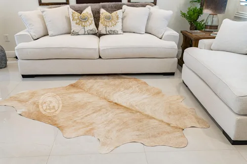 Vista 2 de Sunshine Cowhides Alfombra exótica de piel de vaca palomino 100% auténtica, color beige, alfombra de estilo moderno y alfombra para sala de estar