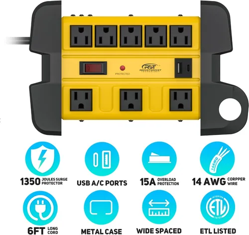 Vista 2 de CRST - Regleta de protección contra sobretensiones resistente de 8 salidas con USB-C, certificación ETL Metal Industrial Power Bar with 15A