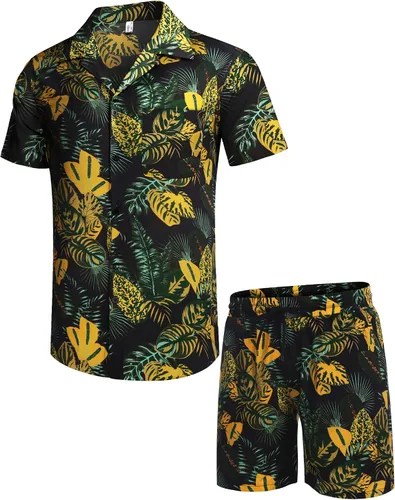 Vista 5 de COOFANDY Conjunto de camisa hawaiana para hombre, diseño floral, cuello cubano, con botones
