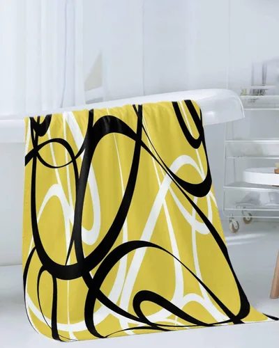 Vista 3 de Juego de toallas de baño de 3 piezas con diseño geométrico amarillo, línea blanca y negra, arte abstracto moderno, toalla suave y absorbente